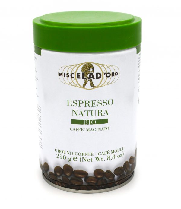 Miscela D'oro biologische gemalen espresso koffie in blik 250 gram