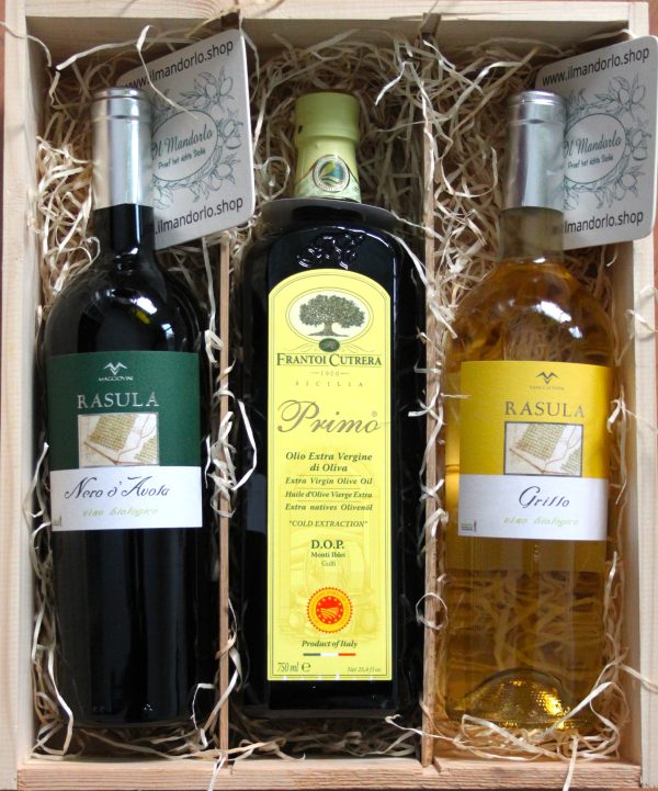 wijn en olie pakket in houten kist