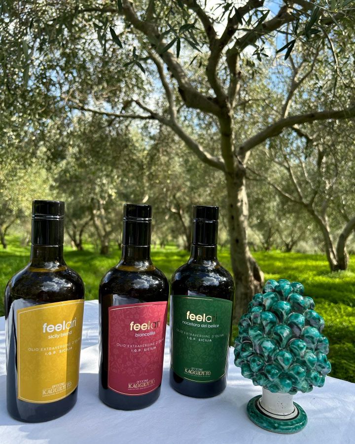 Sicilië, Officine-Kaggiotto-Alle-drie-de-biologische-flessen-extra-vergine-olijfolie-in-de-olijfgaard-op-tafe